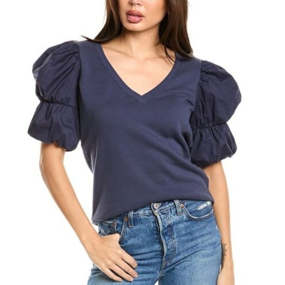 NATION LTD Teddi Bubble Sleeve V-Neck Mixed Media Sweatshirt Top Navy Blue S